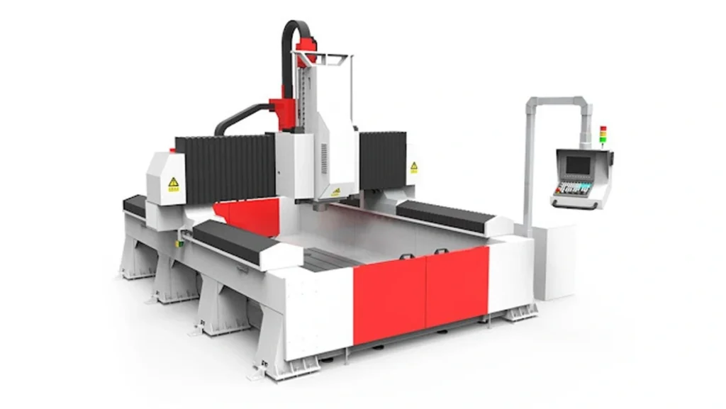 Industrial 3-axis CNC machine with red and black accents.