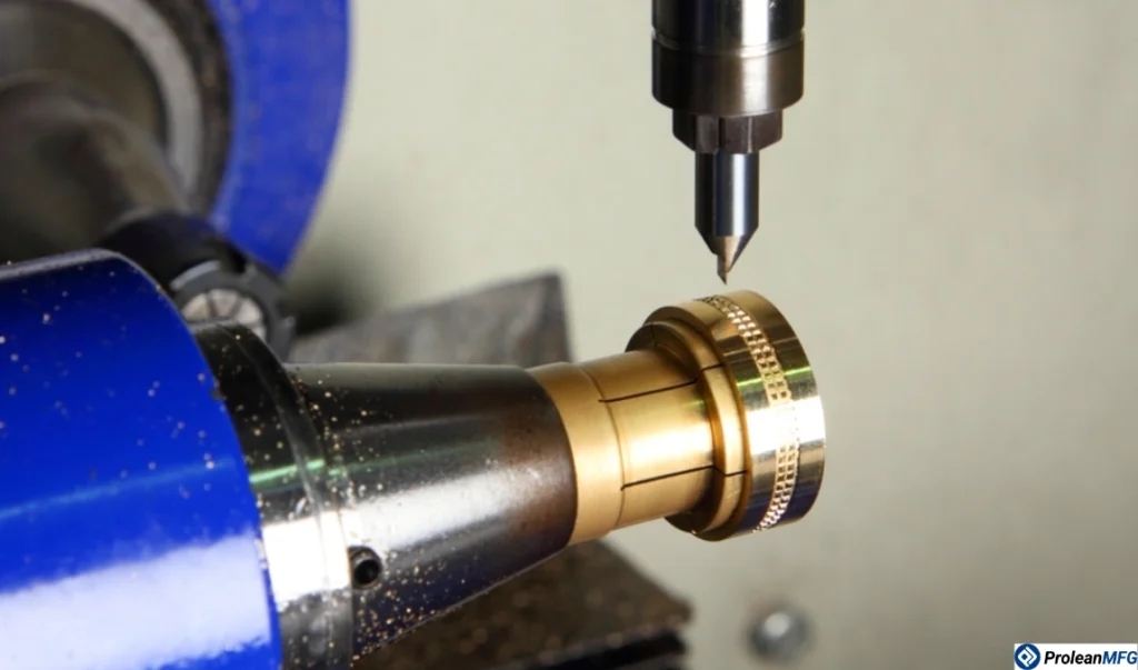 A 3-axis machine tool inscribing features on a golden ring held by a chuck