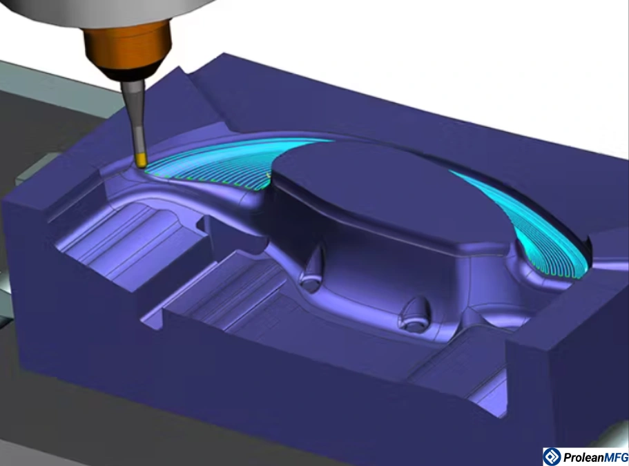 Image of a 3-axis CNC milling process of a purple and blue mold