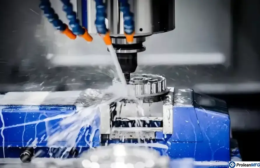 3-axis CNC milling machine cutting a metal gear with coolant fluid spraying during the machining process