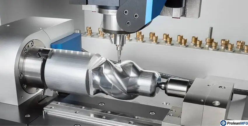 Shaft secured between chuck and dead center on a 4-axis CNC machine, with the end being milled into complex profiles