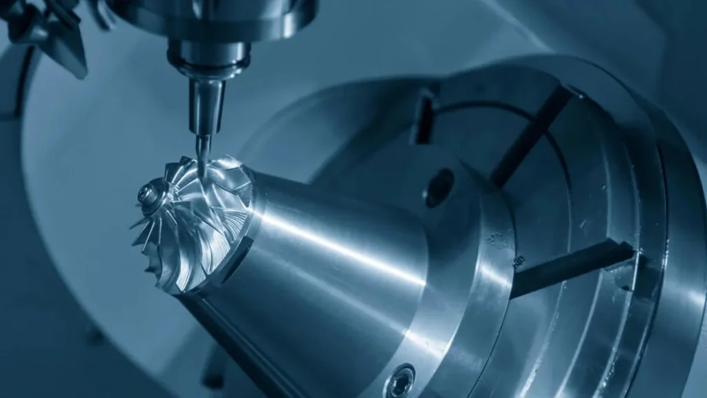 CNC machine precisely milling a complex turbine component.