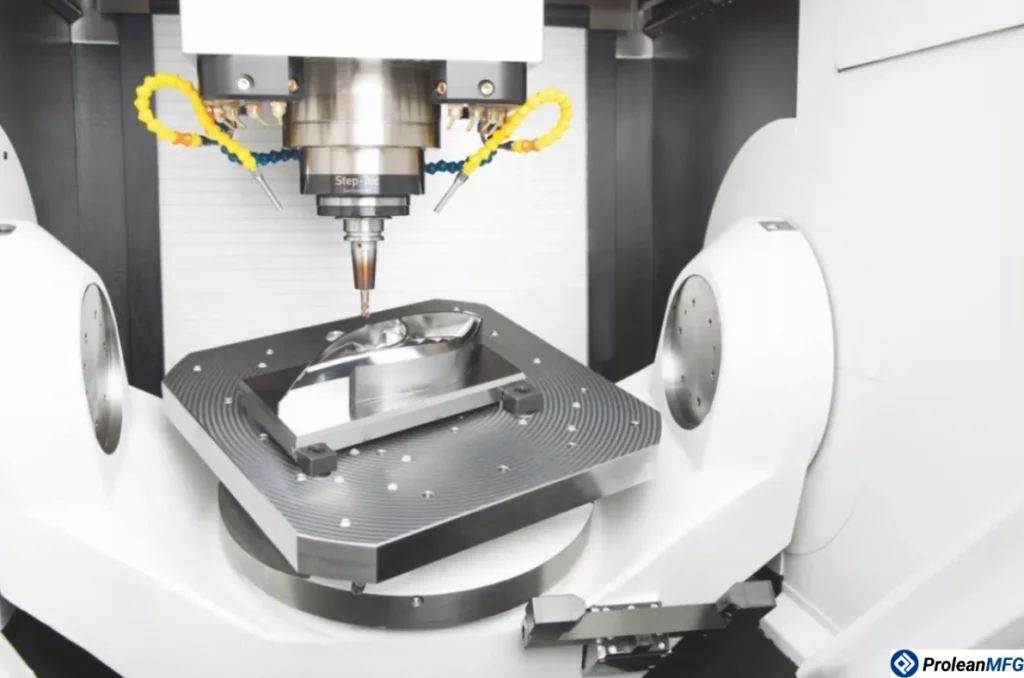 Square metal plate with a central square hole and chamfered corners being CNC milled