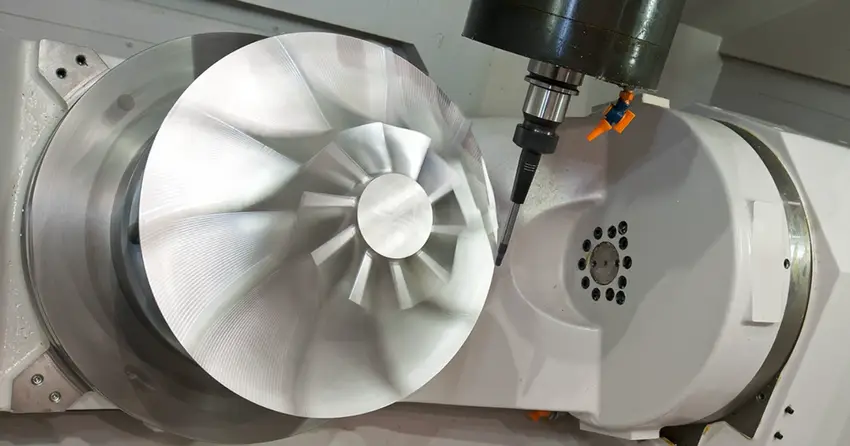 5-axis CNC milling machine cutting a complex white part, with the milling tool and workpiece oriented at different angles for multi-directional machining