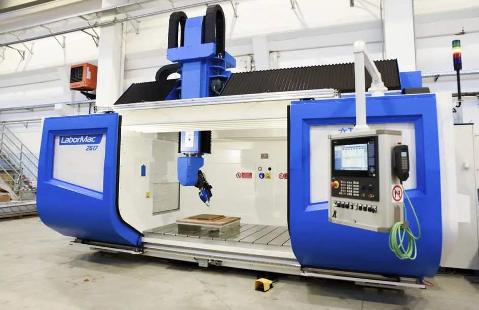 An image of blue and white 5-axis CNC milling machine