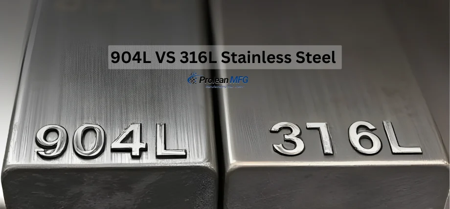 Side by side steel bars with 904L embossed on the left and 316L embossed on the right, with text “904L vs 316L stainless steel”