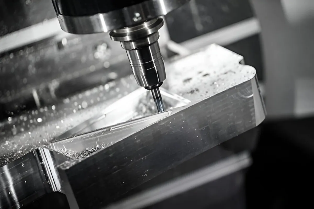 An aluminum workpiece being machined on 4 axis CNC milling machine.