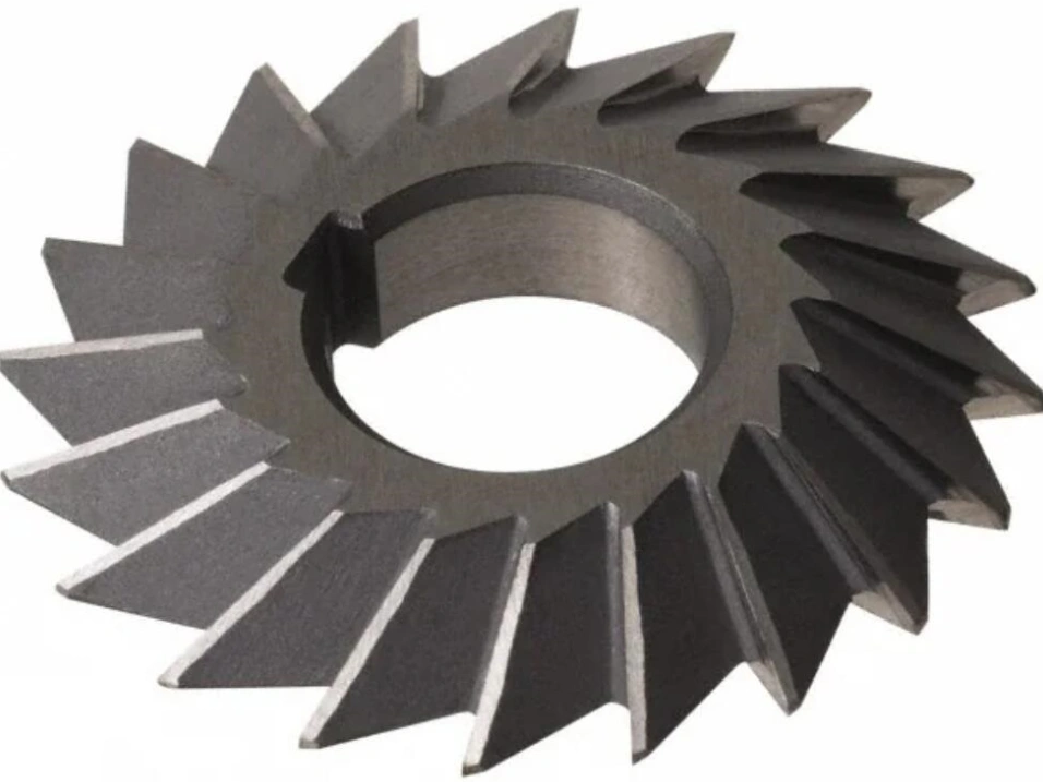 Close-up of a grey angular milling cutter with a hollow center and keyway, displayed against a white background