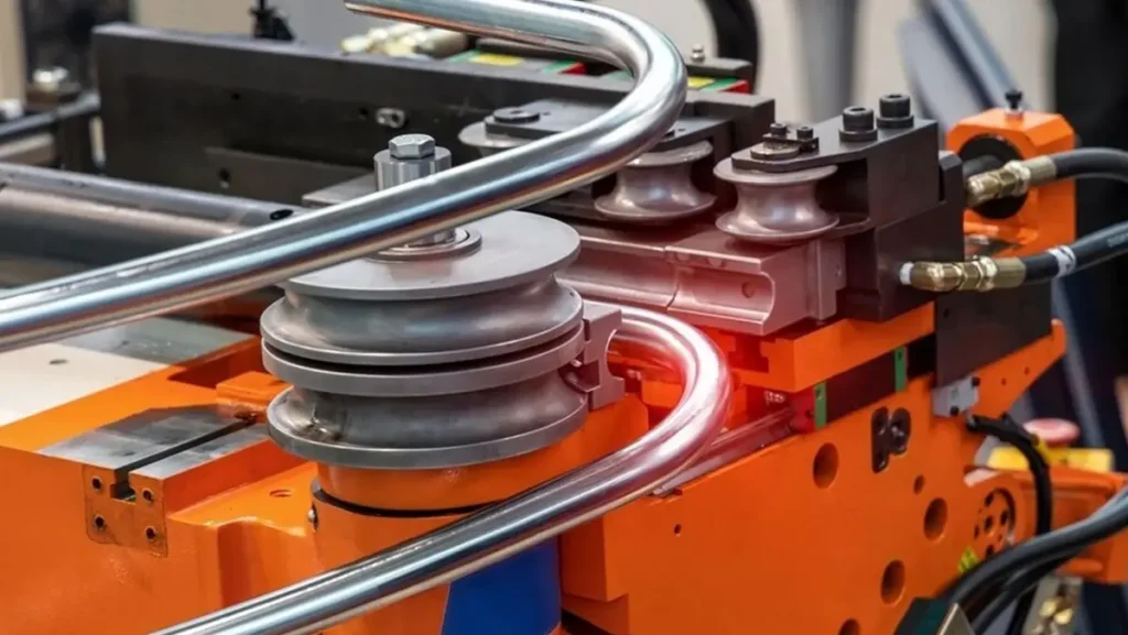 Metal pipe bending on industrial machinery.