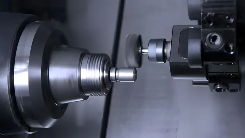 Metal part being polished by a machine.