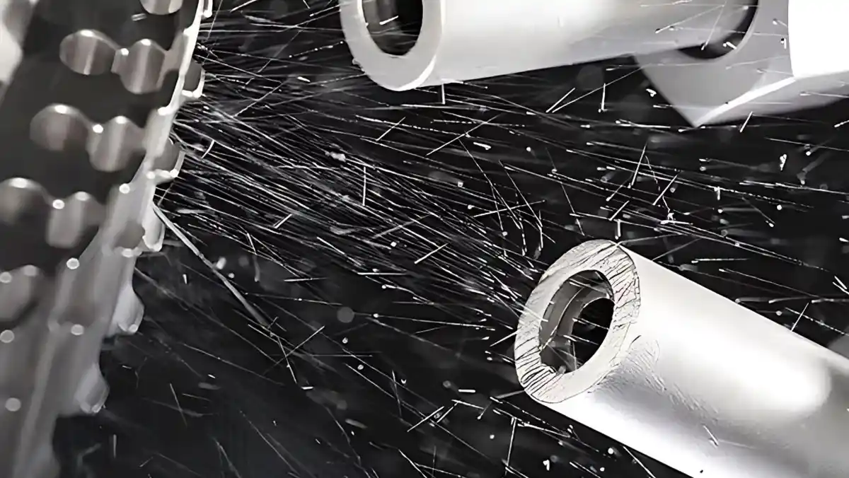 Metal parts being bead blasted, creating sparks.