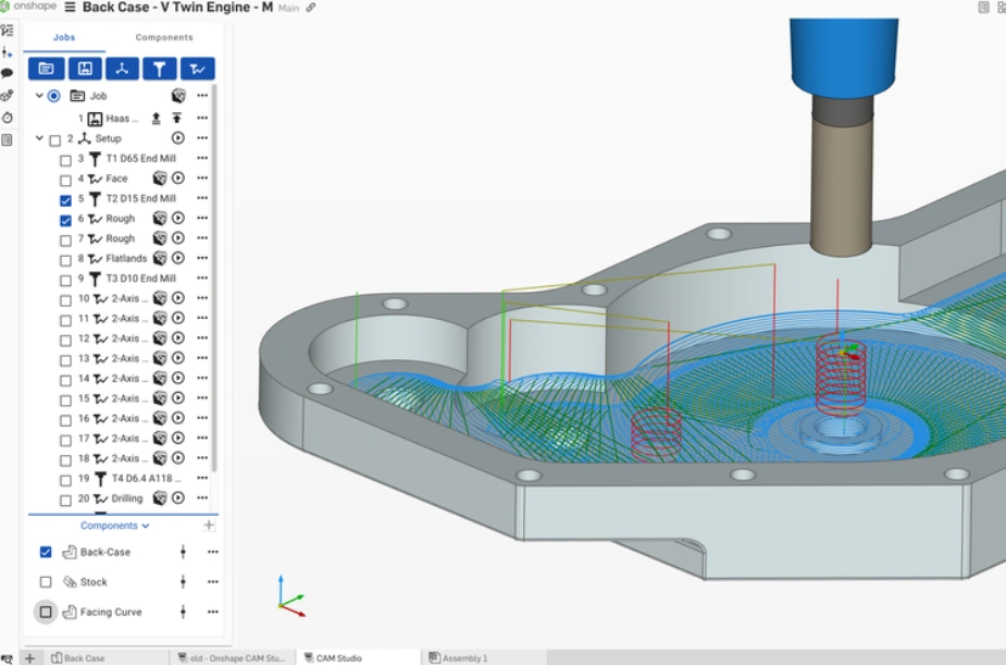 SolidWorks screenshot showing a compact component design with one large axial hole, a smaller perpendicular hole, and multiple surrounding holes
