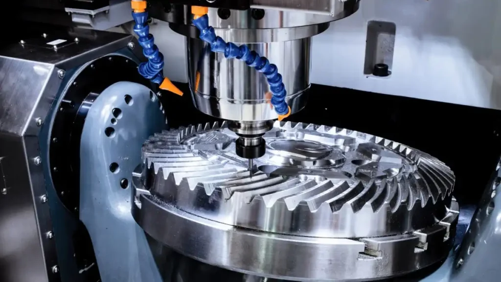 CNC machine carving intricate details on a large gear.
