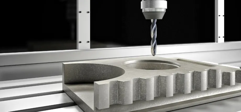 Close-up of CNC milling ridged workpiece