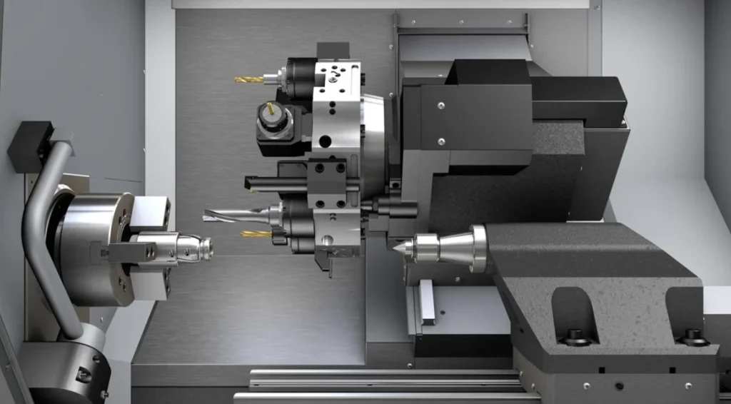 An image of a CNC lathe machine with a chuck holding a cylindrical workpiece and cutting tool ready on the tool turret
