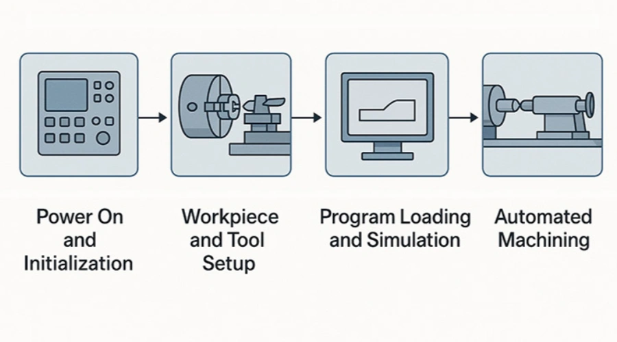 Diagram of a CNC turning workflow showing sequential steps connected by directional arrows