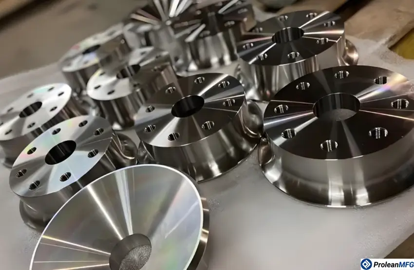 Shiny stainless steel circular parts with a large central hole and multiple smaller holes around the perimeter, resembling car rims