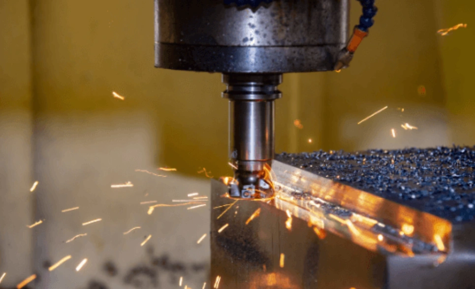 Sparks flying as a metal edge is milled, showing heat generation