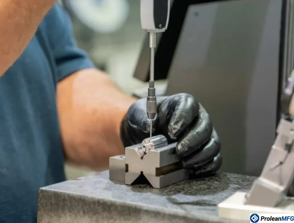 CNC machinist using a coordinate measuring machine (CMM) to inspect a precision metal part in a V-block