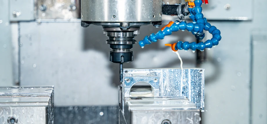 CNC milling tool cutting a rectangle part with fluid flowing