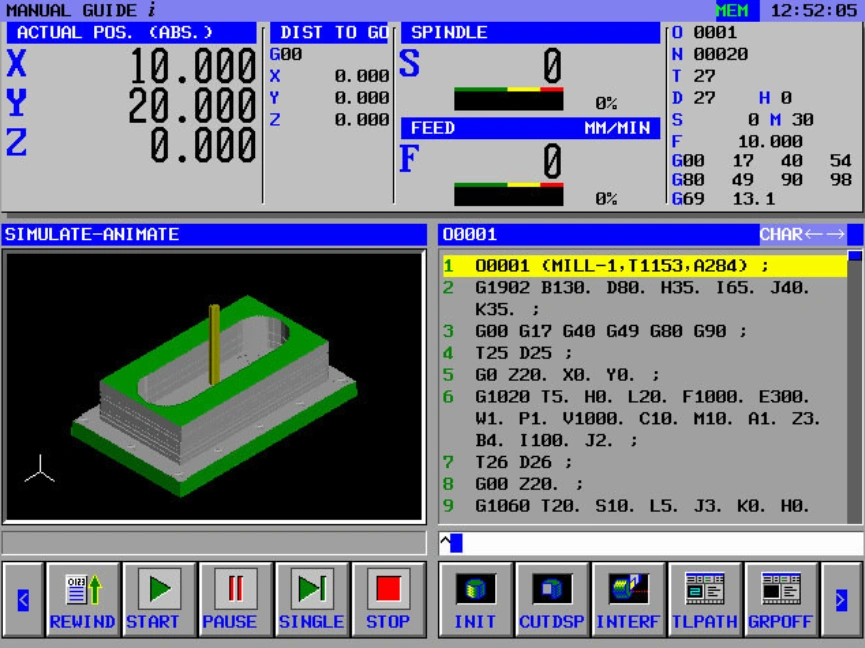 FANUC CNC screen displaying a milling program simulation, with part visualization on one side, G-code on the other, and machining control icons along the bottom