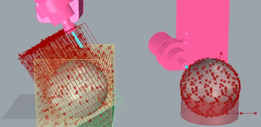 Simulation of CNC roughing and finishing toolpaths on a spherical part, showing dense red toolpath vectors around the surface