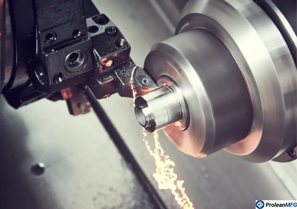 Close-up of a short metallic tube spinning on a CNC lathe during turning, with continuous metal chips falling off