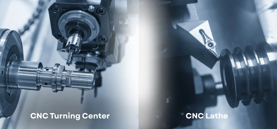 A CNC turning center and a CNC lathe machining metal parts.