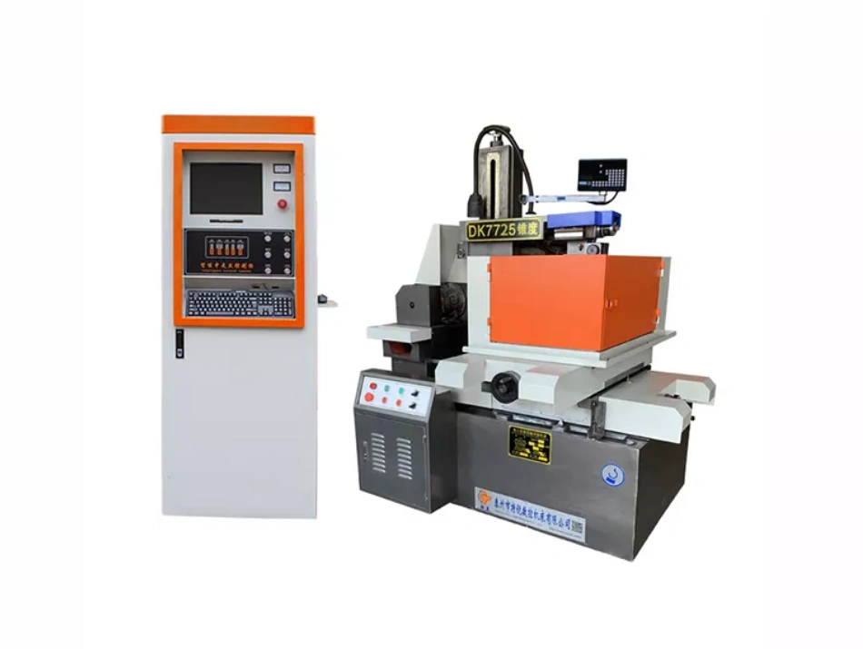 A grey and orange CNC wire EDM machine, designed to use a thin wire electrode to cut intricate shapes 