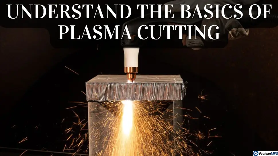 Plasma cutting machine slicing through a metal block with visible sparks below the workpiece against a dull background