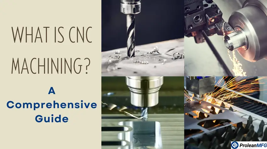 An image showing CNC drilling, milling, cutting, and turning processes side by side flanked by the text ‘What Is CNC Machining?’