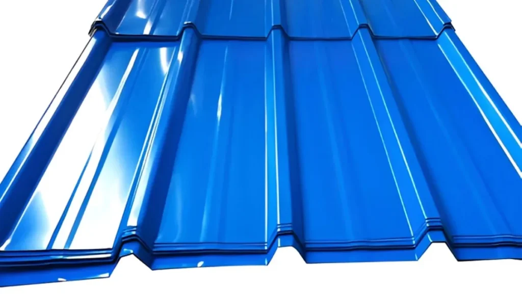Blue corrugated metal roofing sheets.