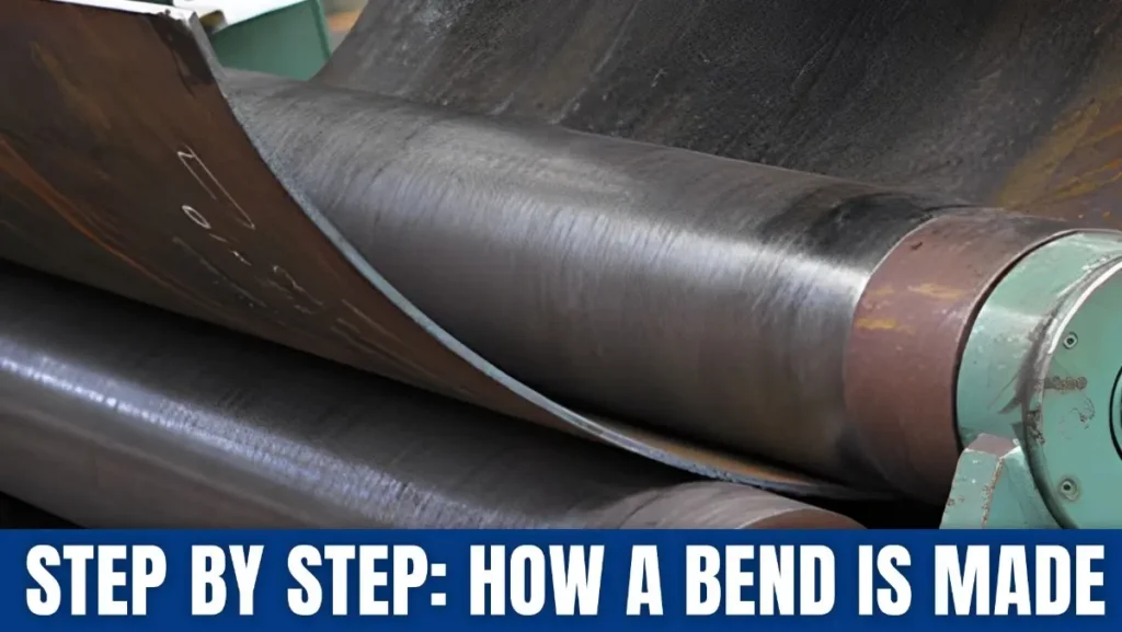 Large metal sheet being bent by rollers.