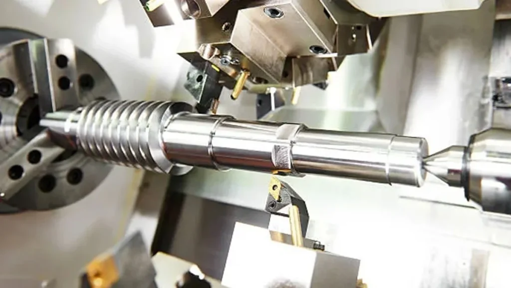 Close-up of CNC turning machine components.