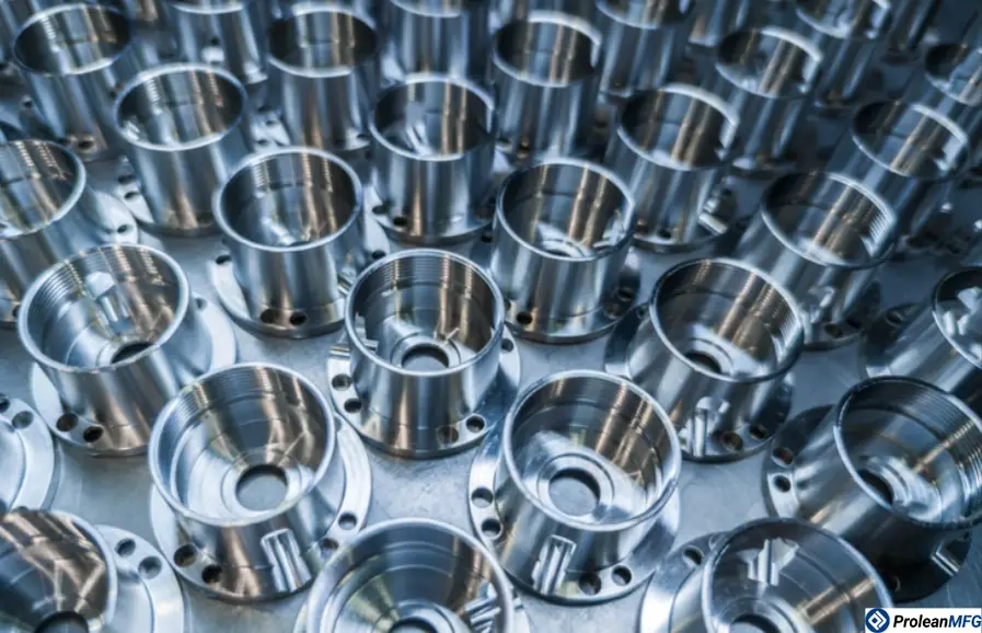 Silvery-gray circular flanges with mounting holes arranged in rows on a flat surface