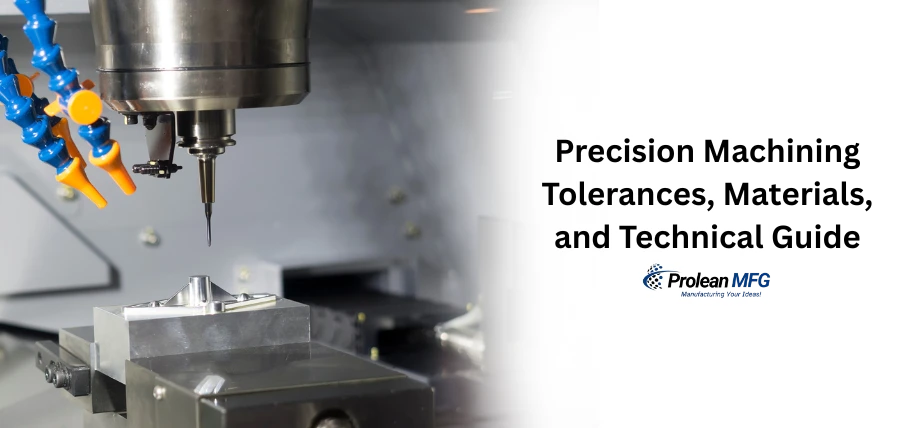 Precise milling tool close up cutting a workpiece with text “Precision Machining Tolerances, Materials, and Technical Guide”