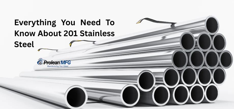 Stainless steel 201 bars with text “Everything You Need To Know About 201 Stainless Steel” on the left