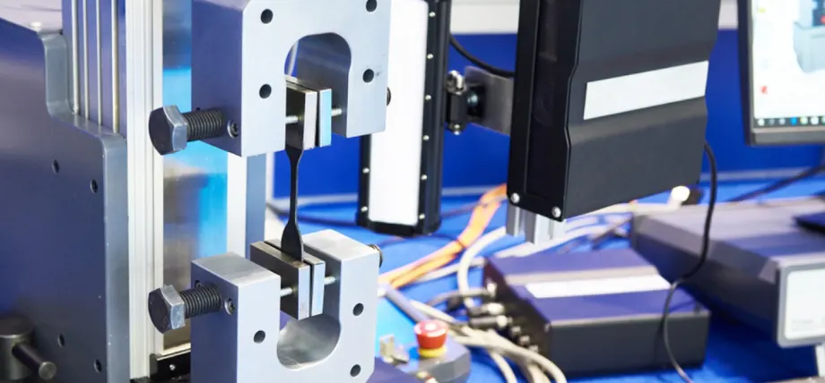 Tensile testing machine with a steel dog-bone sample under test