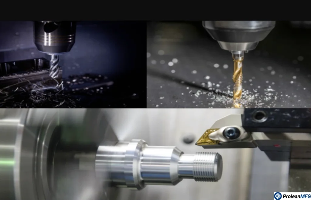 Various 3-axis CNC machining processes including milling, drilling, and turning on metal workpieces