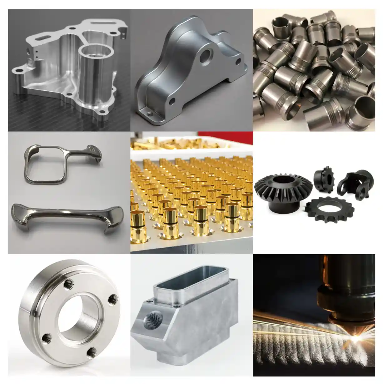 Precision-machined metal parts produced through CNC milling and turning, showing a range of components used in industrial manufacturing.