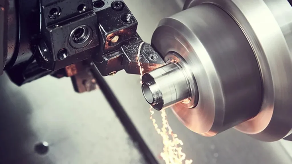 Metal turning on a lathe, sparks flying.