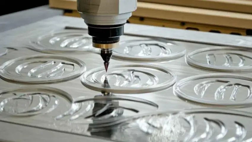 Acrylic being CNC machined with a sharp, pen-like cutting tool