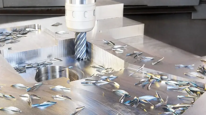 Carbide end mill cutting shiny metal block with visible chips and internal profile