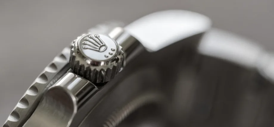 Close-up of 904L Rolex steel watch crown