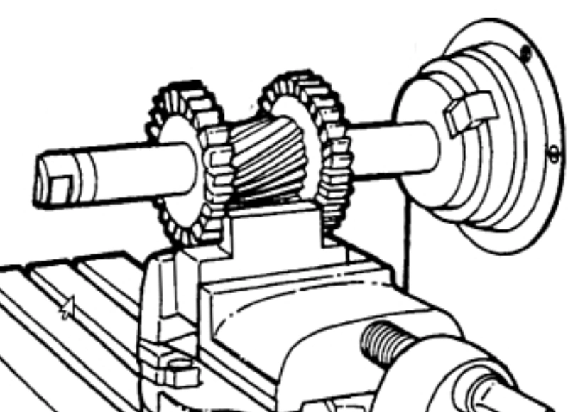 Diagram of gang milling showing a smaller diameter center cutter and larger diameter cutters on both sides, simultaneously machining a workpiece to create a combined profile