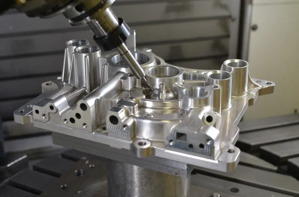 Shiny gray part with multiple holes and round profiles being machined at an angle on a CNC machine