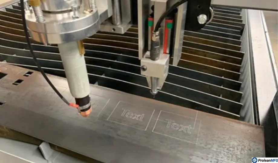 Plasma cutting machine performing plasma marking by etching text onto a metal sheet surface