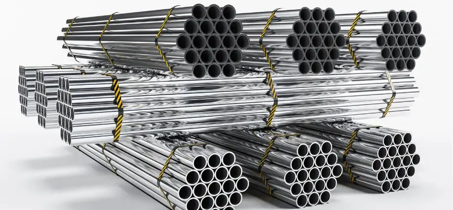 Stainless steel bar and pipe stock stacked on top of each other