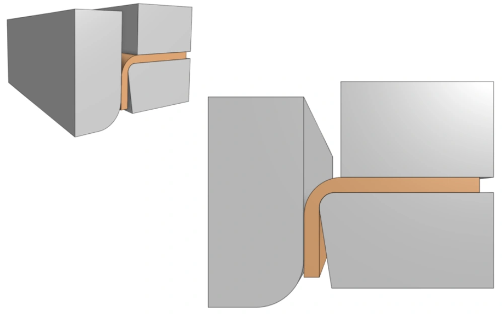 Two-view illustration of the wipe bending process applied to sheet metal.