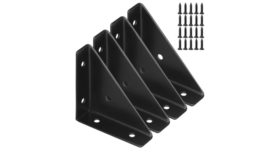 Four black angle brackets and accompanying screws.